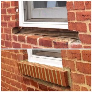 Before-and-after image showing deteriorated brick beneath a window replaced with new brick that matches the surrounding historic masonry.