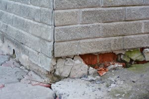 Cracked and damaged brick masonry at building corner needing tuckpointing.