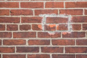 Localized tuckpointing repair with new mortar surrounding a brick in a historic masonry wall.