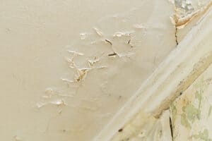 Peeling paint and damaged plaster on an interior wall caused by moisture intrusion near masonry.