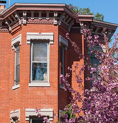 Historic masonry and tuckpointing work on a classic brick building.