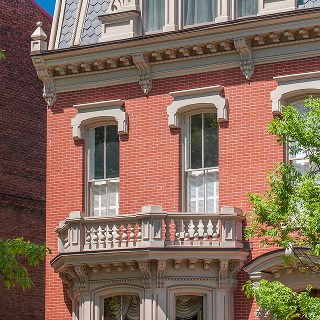 Historic masonry and tuckpointing on a classic brick building.