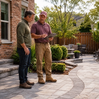 careful-craftmanship Two men reviewing plans on backyard patio.
