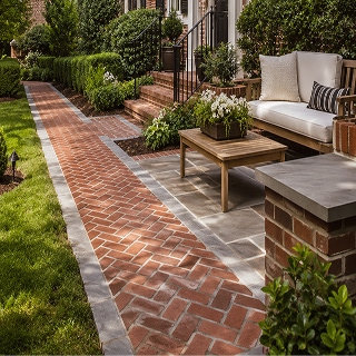 design-that-respects-the-home Brick walkway and patio with outdoor seating