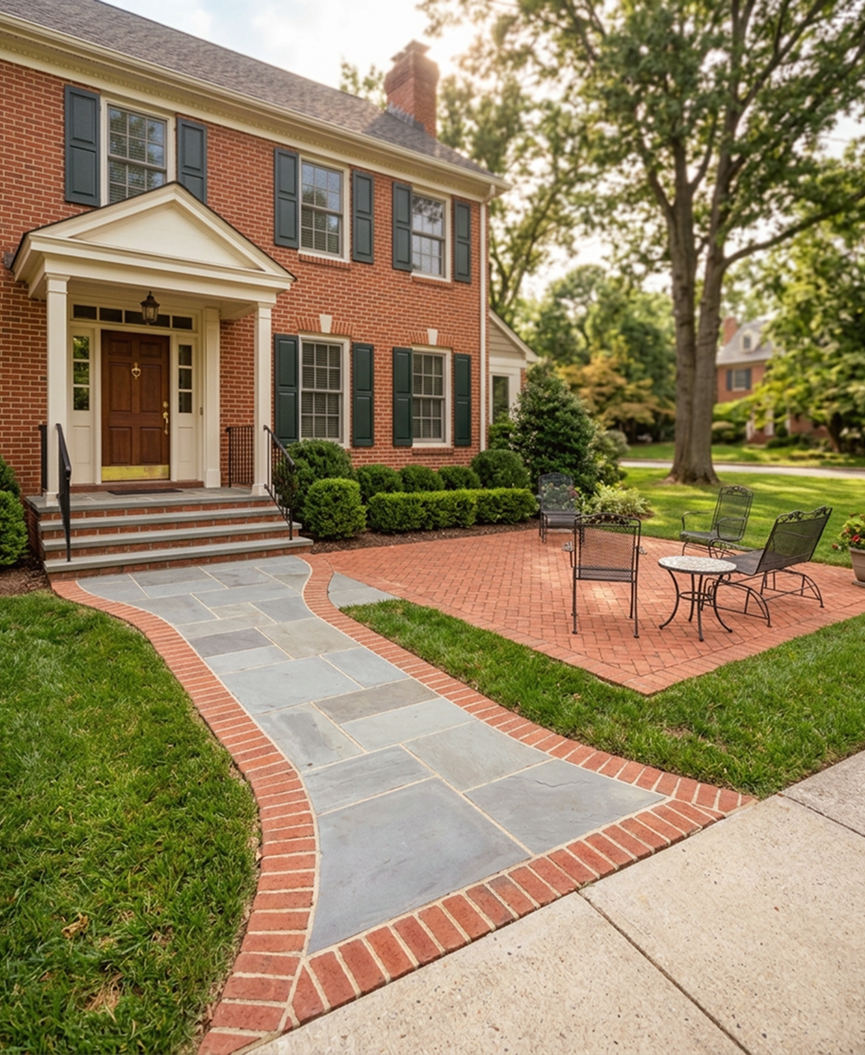 patio and walkways img 01 Brick colonial home with landscaped front yard and patio