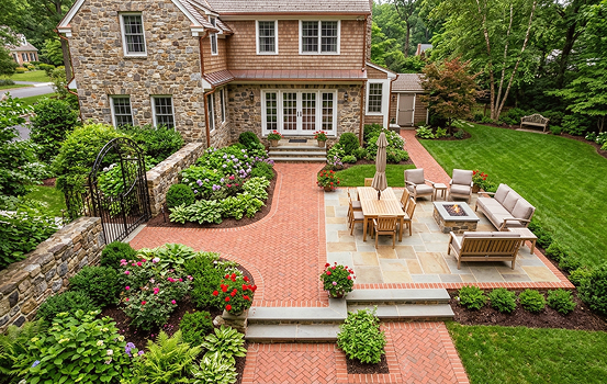 patio and walkways img 05 Brick patio with outdoor seating and garden
