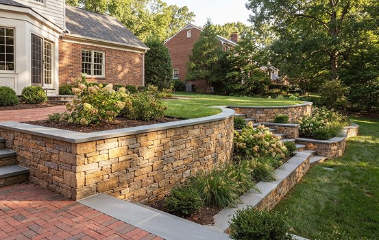 patio-and-walkways-img-06 - Edited Stone retaining walls in landscaped backyard garden