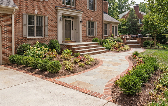 patio and walkways img 07 Brick home entrance with landscaped curved walkway