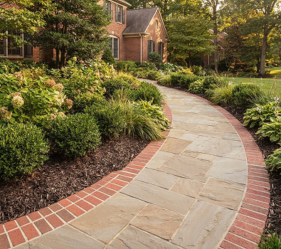 patio and walkways img 14 Curved stone walkway through lush garden landscape