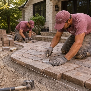 professionalism Workers installing stone paver patio walkway