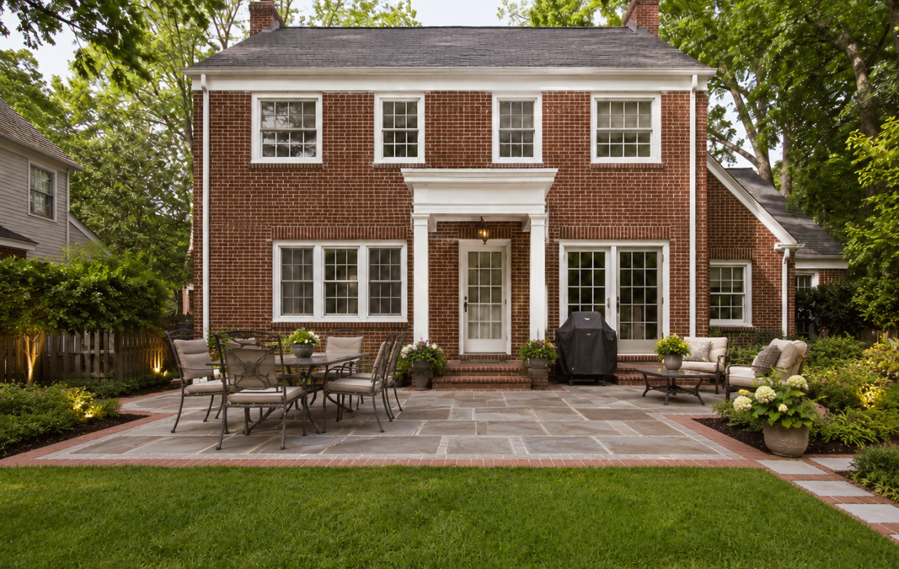 Two-story brick house with backyard patio and seating