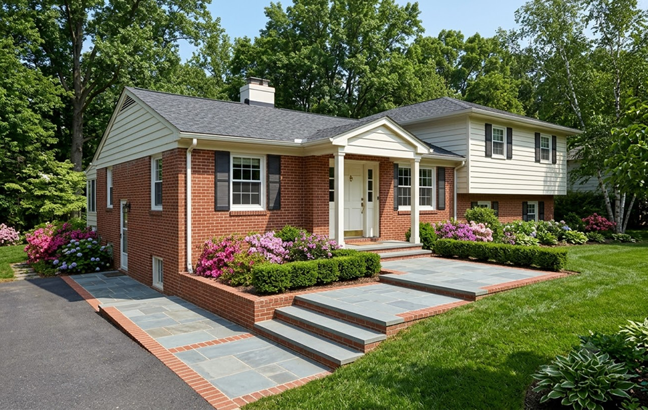 Brick suburban home with landscaped yard and steps