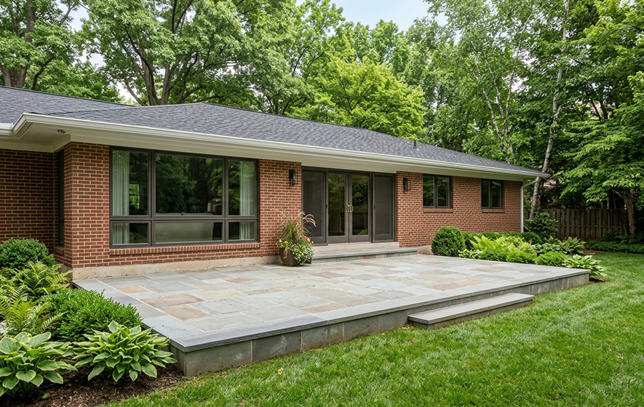 Brick house with stone patio and lush backyard