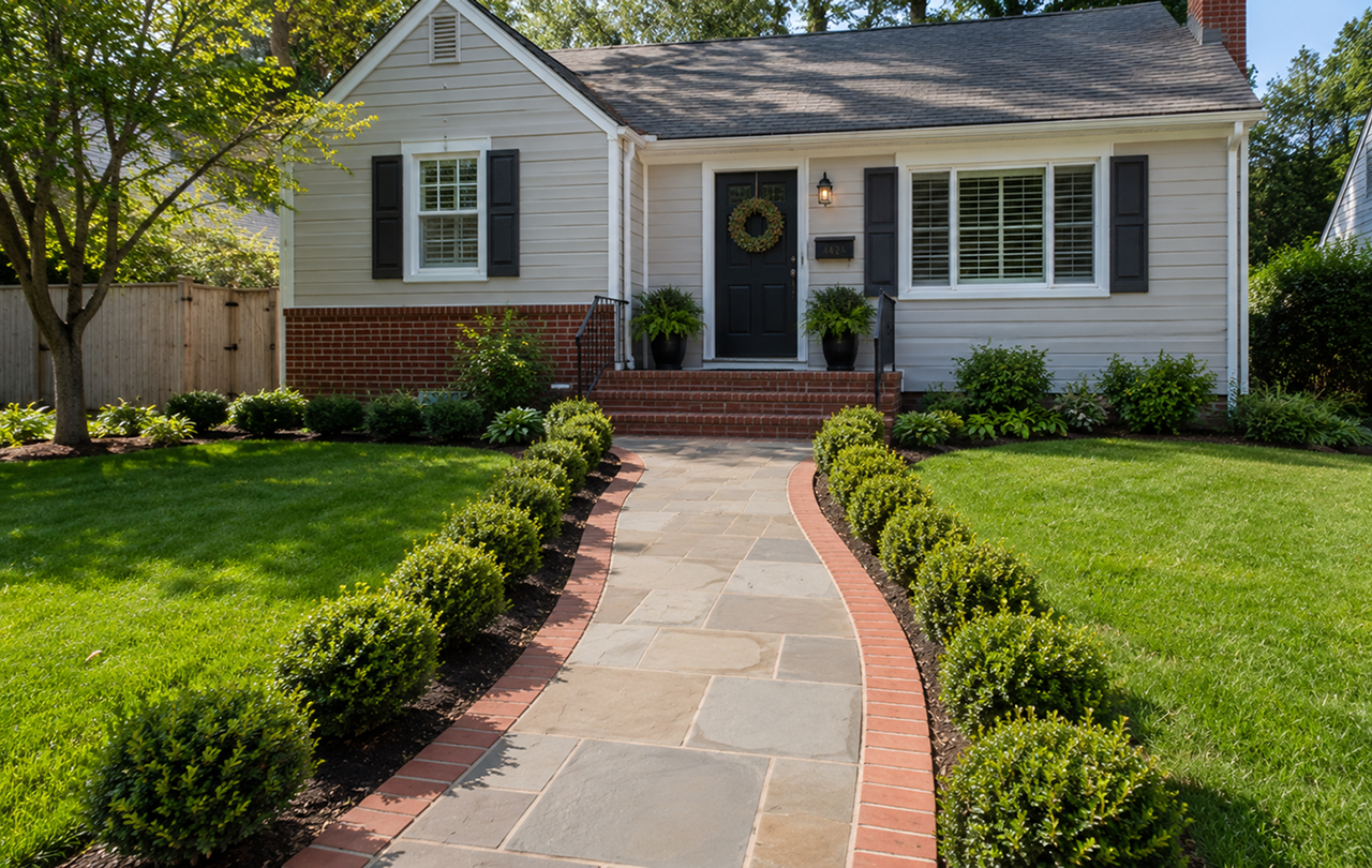 Charming suburban home with curved stone walkway