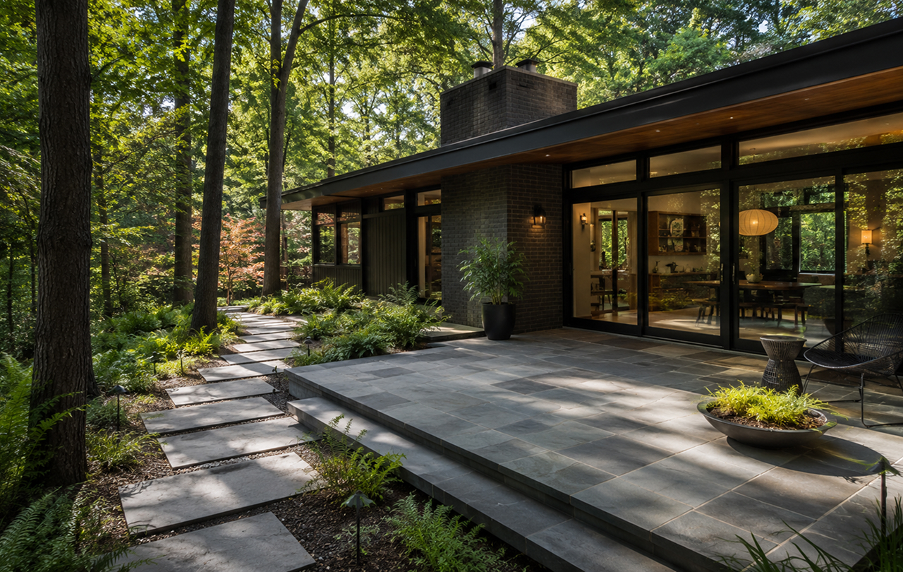 Modern glass home in lush wooded setting