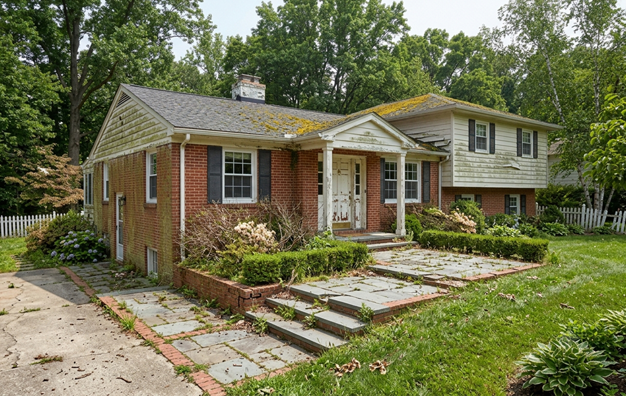Aging brick split-level home with overgrown yard