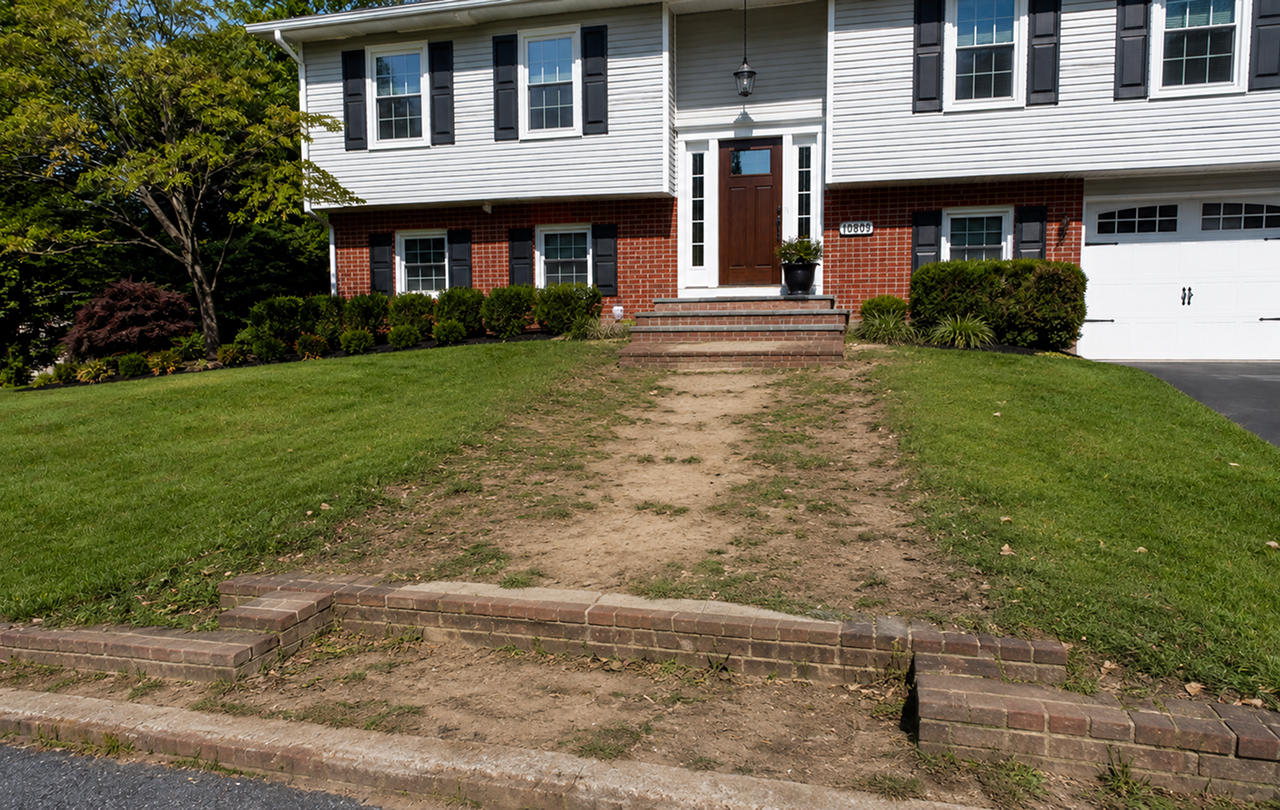 Suburban house with patchy front lawn and brick steps
