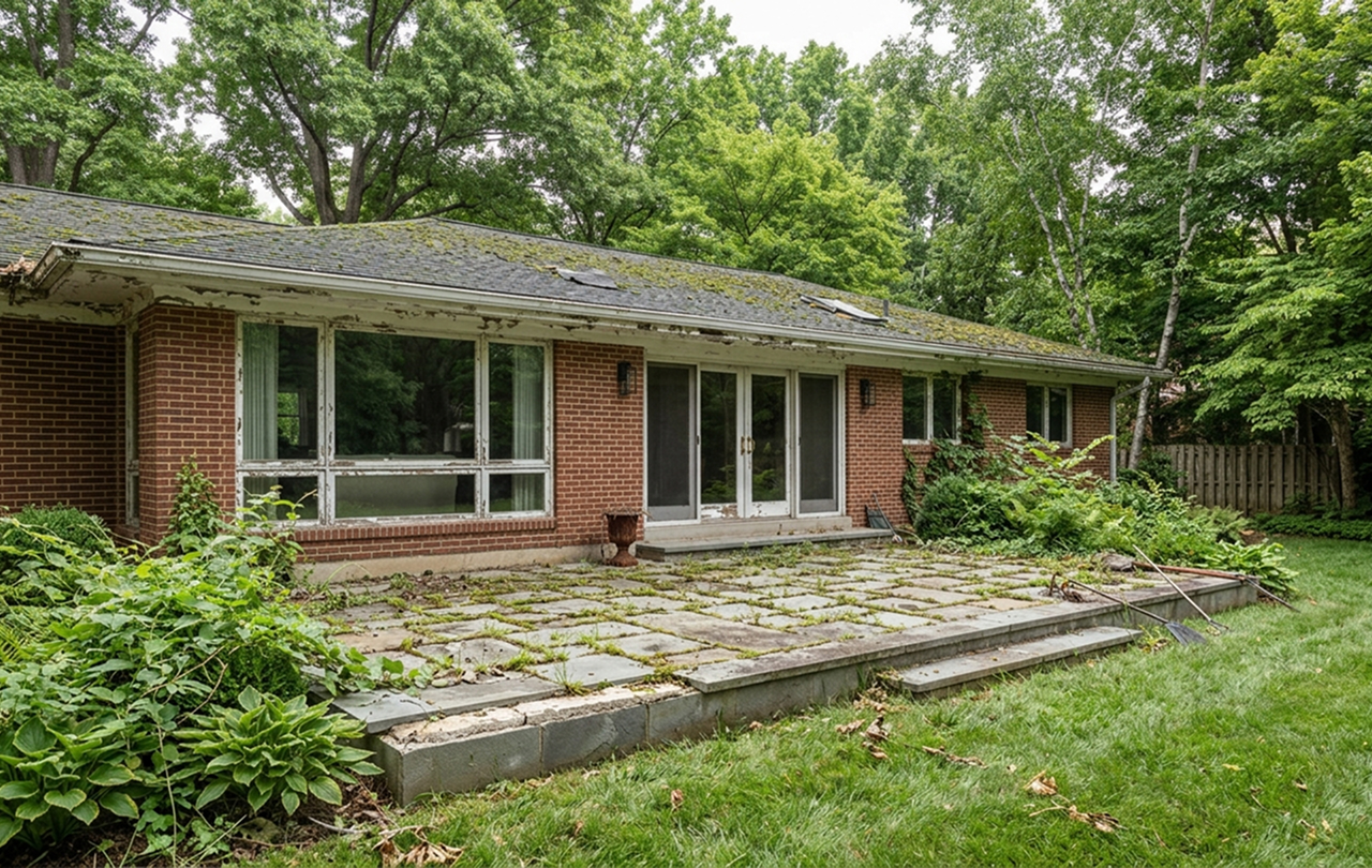Overgrown patio behind aging brick ranch house