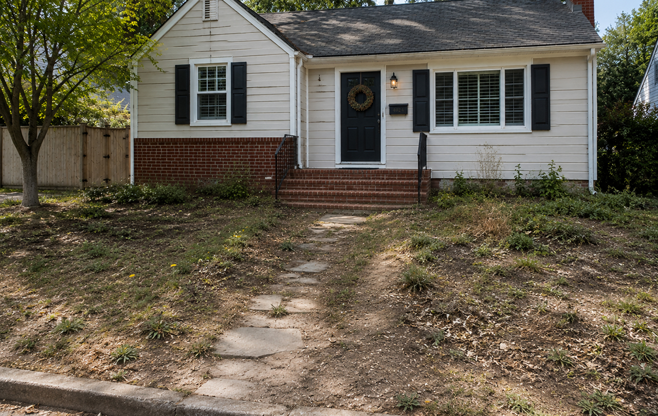Small white house with brick steps and yard
