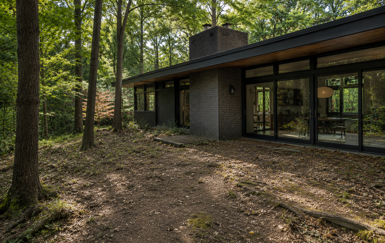 Modern forest home with large glass windows